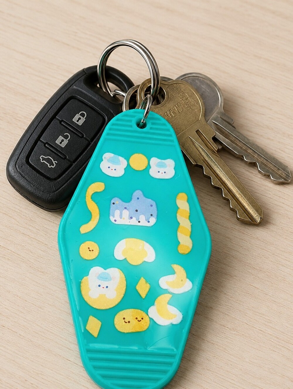 Cute Teal Cartoon Keychain Fob with Yellow & White Accents